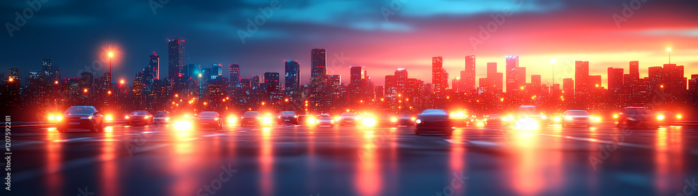 Poster a blurred image of evening traffic in a large metropolis. bright headlights and streetlights create 