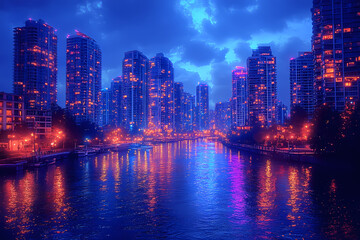 Fototapeta premium Cityscape under a deep sapphire sky, with neon lights and reflections in the water 