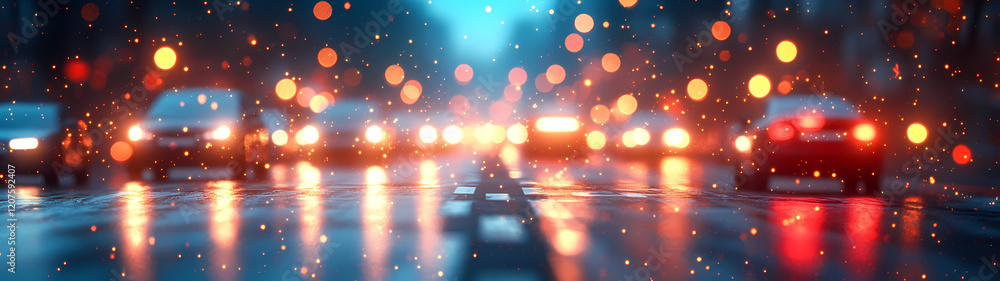 Poster a blurred image of evening traffic in a large metropolis. bright headlights and streetlights create 