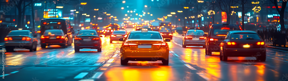 Poster a blurred image of evening traffic in a large metropolis. bright headlights and streetlights create 