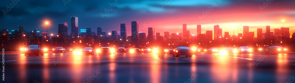 Poster a blurred image of evening traffic in a large metropolis. bright headlights and streetlights create 