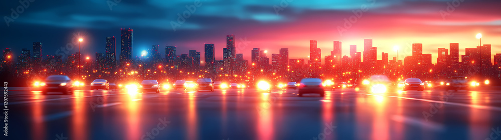 Poster a blurred image of evening traffic in a large metropolis. bright headlights and streetlights create 