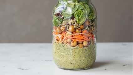 Fresh mason jar salad with greens quinoa chickpeas and avocado dressing