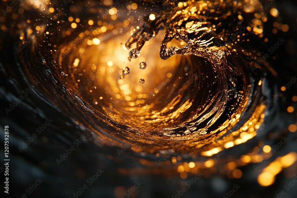 Poster dynamic splash of liquid gold contrasts with a smooth black backdrop, creating a striking compositio