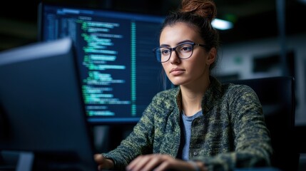 A woman is focused on her work, sitting at a computer desk with a monitor, engaged in a task that requires concentration and productivity.