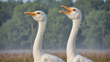 Fototapeta premium A pair of cranes calling out in harmony against a misty marshland backdrop
