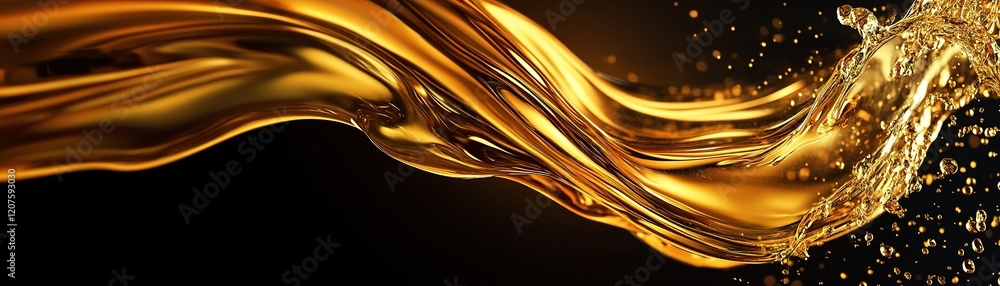 Poster dynamic splash of liquid gold merges beautifully with a smooth black background, creating an elegant