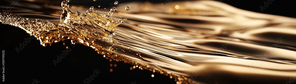 Poster a dynamic splash of liquid gold effortlessly dances across a smooth black background, creating an op