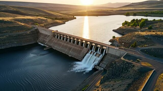 This video showcases a breathtaking dam surrounded by serene landscapes. The sun sets over the calm waters, highlighting the majesty of human ingenuity and nature. Generative AI