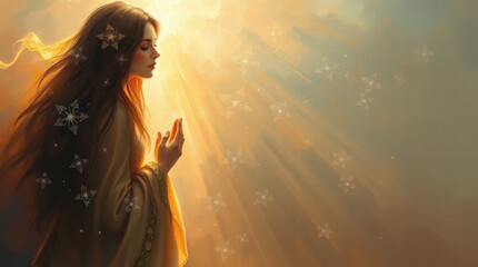 Serene Goddess: A ethereal woman with long flowing brown hair adorned with delicate white blossoms, bathed in warm sunlight.