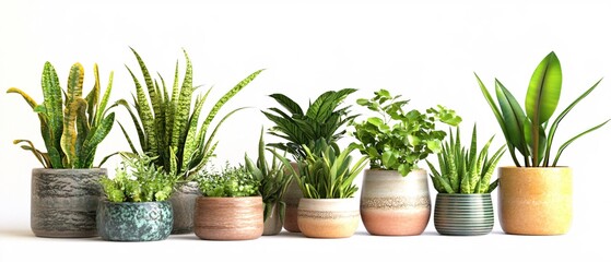 Fototapeta premium Vibrant Green Houseplants in Stylish Pottery Collection Home Decor