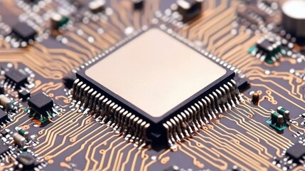 A detailed close-up view of a computer chip mounted on a printed circuit board, showcasing intricate designs and electronic components.