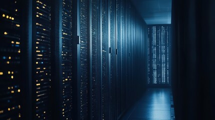 A dimly lit room filled with numerous rows of servers, showcasing advanced technology and infrastructure for data processing and storage.