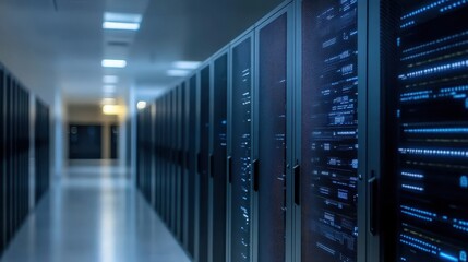 A hallway filled with numerous servers, showcasing a modern server room equipped for extensive data processing and storage needs.