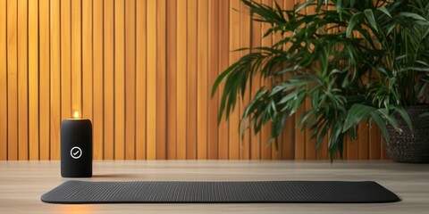 A sleek black yoga mat rests on a wooden surface beside a glowing candle and a lush green plant, creating a calming atmosphere for relaxation or meditation.