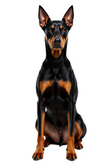 Dog sitting with black and tan fur on white transparent background