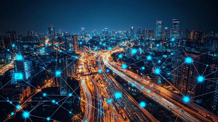 Fototapeta premium City skyline at night showcasing traffic and technology networking