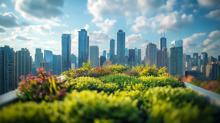 Urban garden on rooftop with city skyline and blue sky in the background