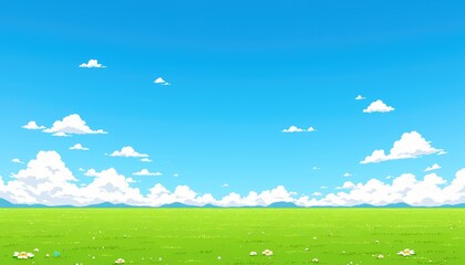 Fototapeta premium Serene Green Meadow Under A Bright Blue Sky