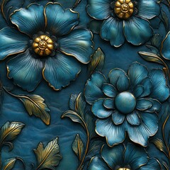 Seamless blue flowers leather texture pattern background