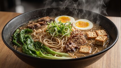 Delicious vegetable ramen with tofu mushrooms and miso broth