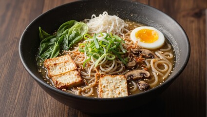 Delicious vegetable ramen with tofu mushrooms and miso broth