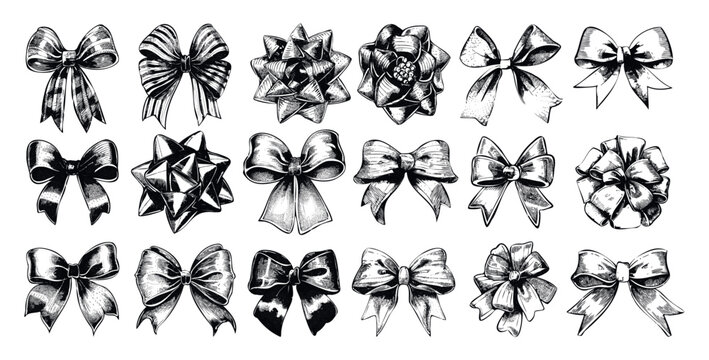 Gift bows packaging engraving vector set. Lance box decorative present strip pack tape birthday christmas assets elements, hand drawn monochrome vectors isolated on white background