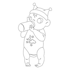 Little One's Nourishment: A charming line drawing of a baby in a sleepsuit, with a crescent moon and stars design, happily feeding from a bottle. Perfect for baby-related projects, nursery decor.