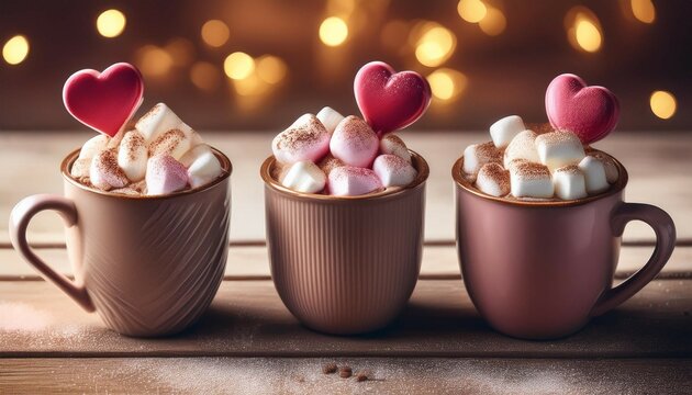 three cups of hot chocolate with marshmallows and heart shaped toppings on a rustic background
