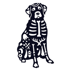 Day of the Dead Dog: A striking Day of the Dead-inspired illustration depicting a canine silhouette adorned with intricate skeletal patterns and floral motifs.