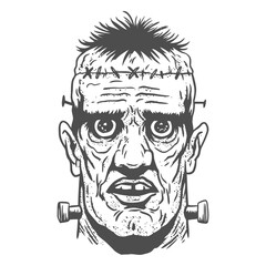 Fototapeta premium Frankenstein's Monster Portrait: A detailed, hand-drawn illustration of Frankenstein's monster, showcasing his iconic stitched features and expressive eyes.