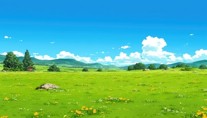 Fototapeta premium Serene Summer Meadow Landscape With Distant Hills