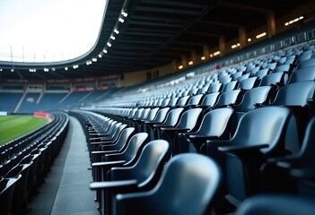 Fototapeta premium Black tribunes. seats of tribune on sport stadium. empty outdoor arena. concept of fans. chairs for audience. cultural environment concept. color and symmetry. empty seats. modern stadium