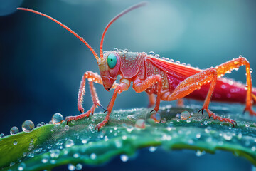 Fototapeta premium A macro photograph of a locust perched on a green leaf with dewdrops, intricate details of its wings visible.