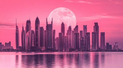 Obraz premium Pink City Skyline With Large Full Moon