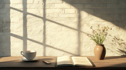 Sunlit workspace with coffee, book, and flowers.