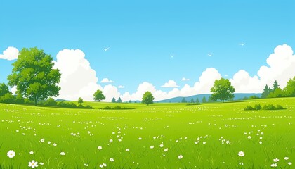 Fototapeta premium Idyllic Summer Meadow Landscape With Lush Green Grass And Trees