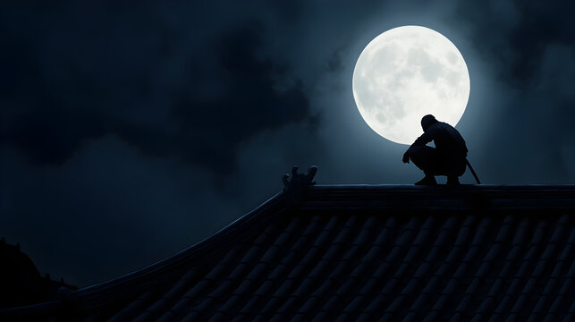 A ninja silhouetted against the full moon, crouched on the rooftop of a pagoda. His shadow stretches across the tiled roof, and his shuriken glints faintly in his hand. The distant sound of a gong rev