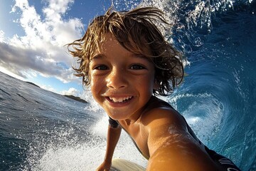Action camera captures joyful surfing moment.