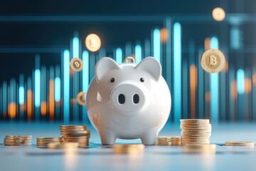 Abstract financial landscape, white piggy bank, investment charts, cascading coins, symbolizing economic growth and prosperity
