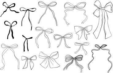 Hand drawn whimsical illustrations in coquette style. Set of ribbon bow doodle line art. Perfect for invitation, posters, menu, valentines day greeting cards. 