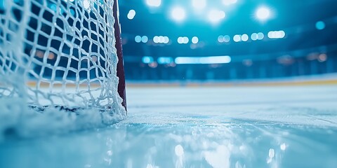Exciting close-up view of an ice hockey goal at a vibrant stadium during a thrilling match