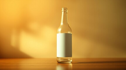 Empty Glass Bottle with Blank Label: A  glass bottle, empty and ready for your message, stands bathed in warm sunlight on a wooden surface, inviting your label design.