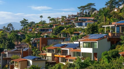 Obraz premium Hillside Homes Featuring Solar Panels And Lush Greenery