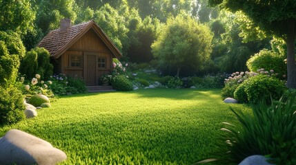 Obraz premium Serene Wooden Cabin in Lush Green Garden