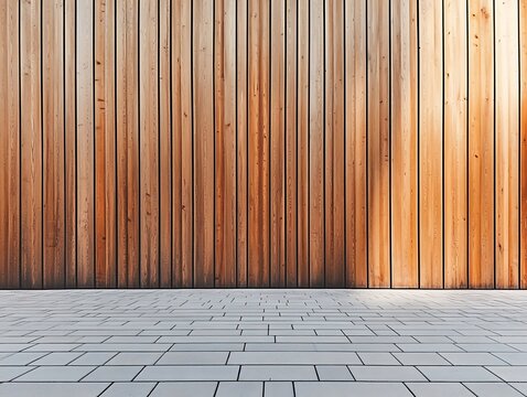 A wooden wall with vertical planks, set against a paved surface. The warm tones of the wood create a minimalist aesthetic. ,


