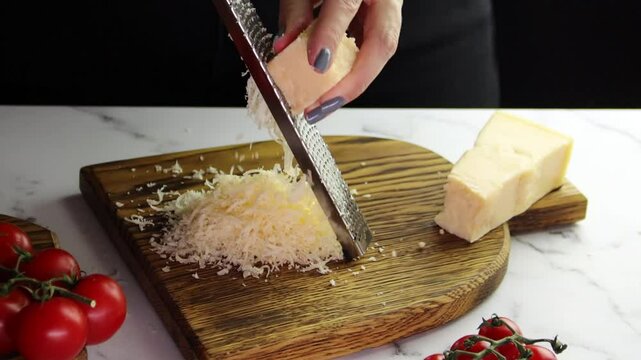 Parmesan cheese. Close up of hands grating parmesan cheese on wooden cutting board, fresh tomatoes around on a marble countertop. Meal preparation. Grated parmigiano cheese for pasta and other dishes
