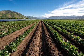 This image captures a vast field of crops stretching towards the horizon, showcasing well-organized rows of plants against a striking mountain backdrop under a bright blue sky.