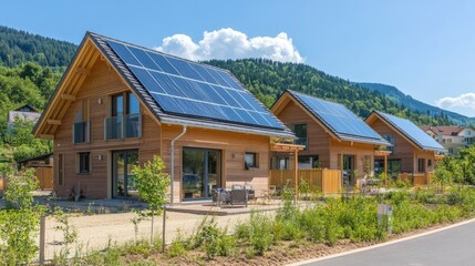 Naklejka premium Modern Eco Friendly Homes With Solar Panels In Mountain Setting