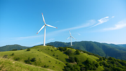 Green energy concept, eco power. Wind turbine located along the hill with the wind blowing all the time. Can produce renewable energy as well. Considered a clean energy.